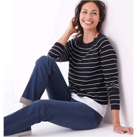 J. Jill Black & White Textured Striped Pullover Sweater Top Medium Casual Office - Picture 2 of 11